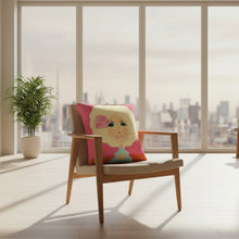 Load image into Gallery viewer, Dolly Parton eco velvet cushion by Reloved Design and Stanley Chow, handmade in Manchester with recycled plastic bottle filling, styled on a chair