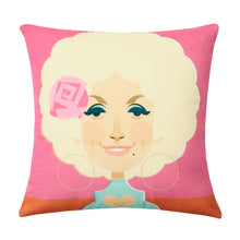 Load image into Gallery viewer, Dolly Parton eco velvet cushion by Reloved Design and Stanley Chow, handmade in Manchester with recycled plastic bottle filling product shot