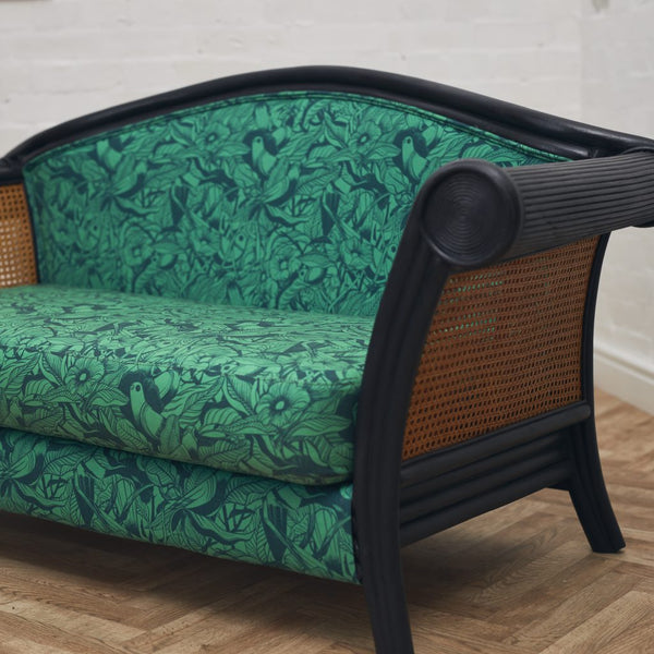 Botanic print, wicker sofa