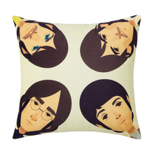 Load image into Gallery viewer, Beatles icon velvet cushion featuring the Fab Four by Stanley Chow for Reloved Design, plush scatter cushion handmade in Manchester on a white studio background
